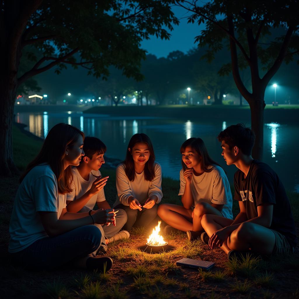 Nhóm sinh viên Đại học Bách Khoa đang ngồi kể chuyện ma.