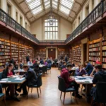 Không khí học thuật sôi nổi tại Đại học Oxford, với sinh viên đang thảo luận và học tập trong khuôn viên trường.